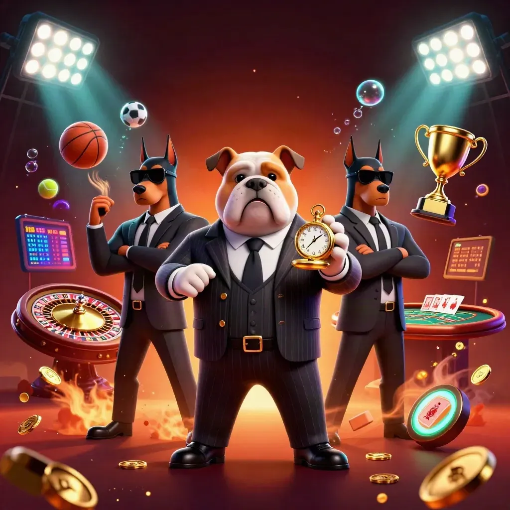 Mobster bulldog and two Dobermans amid casino treasure, sports balls, roulette, and neon lights.