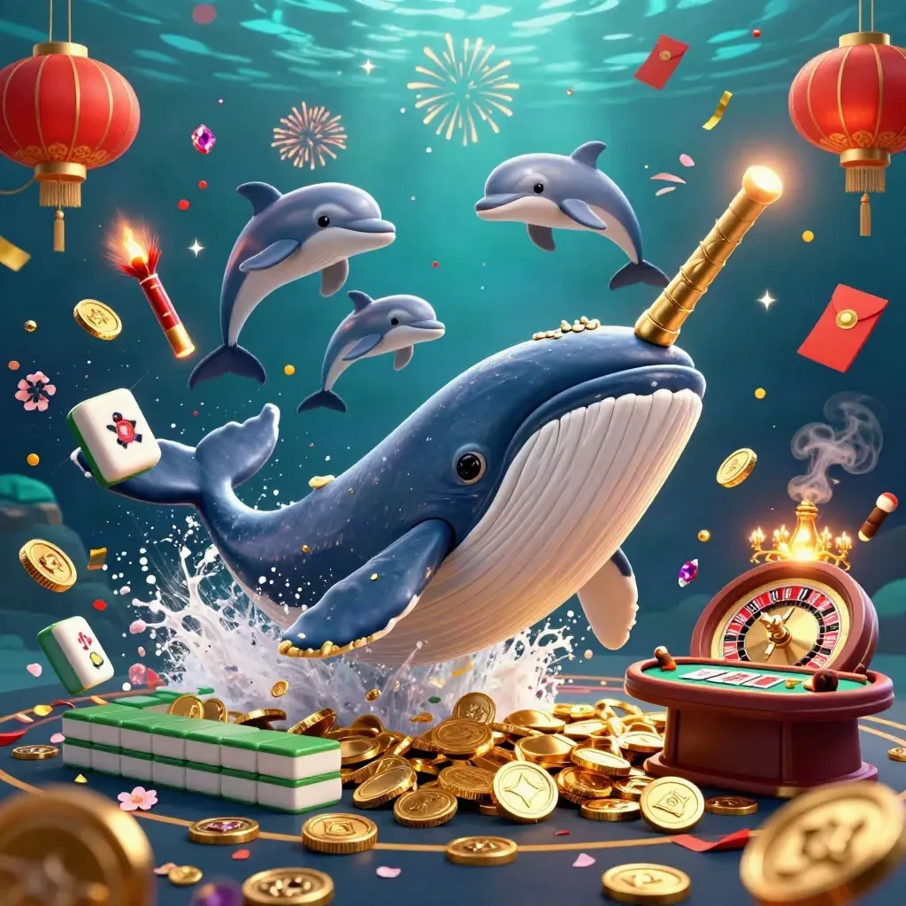 Whale captain, narwhal and dolphins in a gold casino sea with lanterns, coins and fireworks