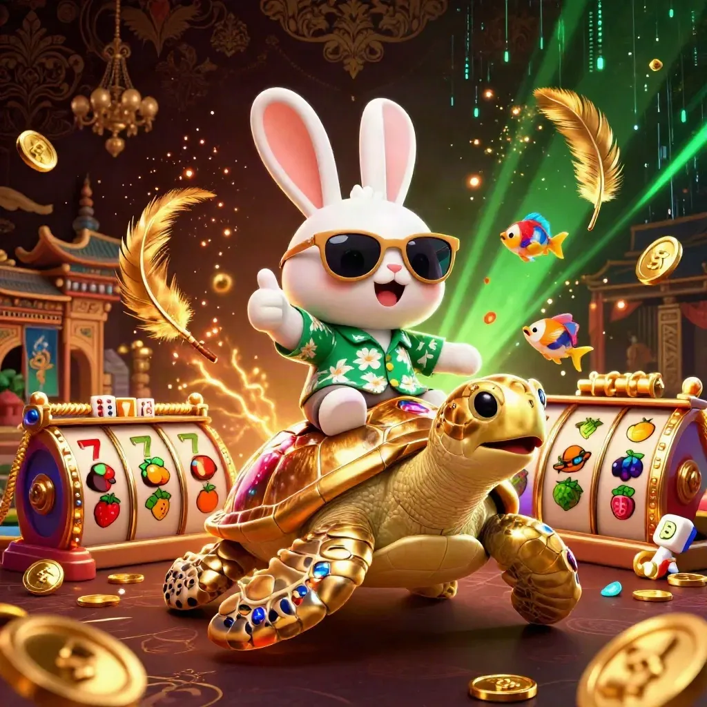 Lucky rabbit rides a golden turtle amid casino treasures, neon energy, and ornate temple flair.