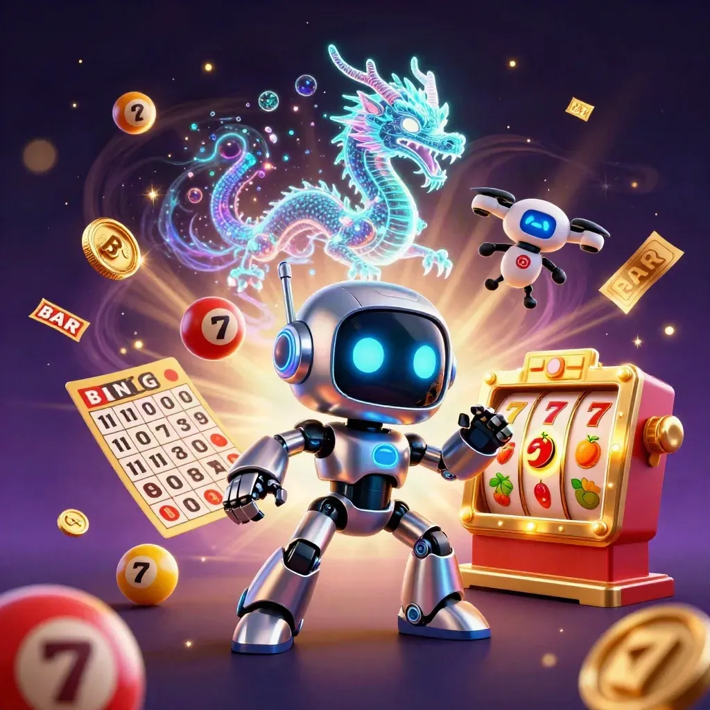 Cyberpunk robot, holographic dragon and coin drone amid casino bursts and neon green glow.
