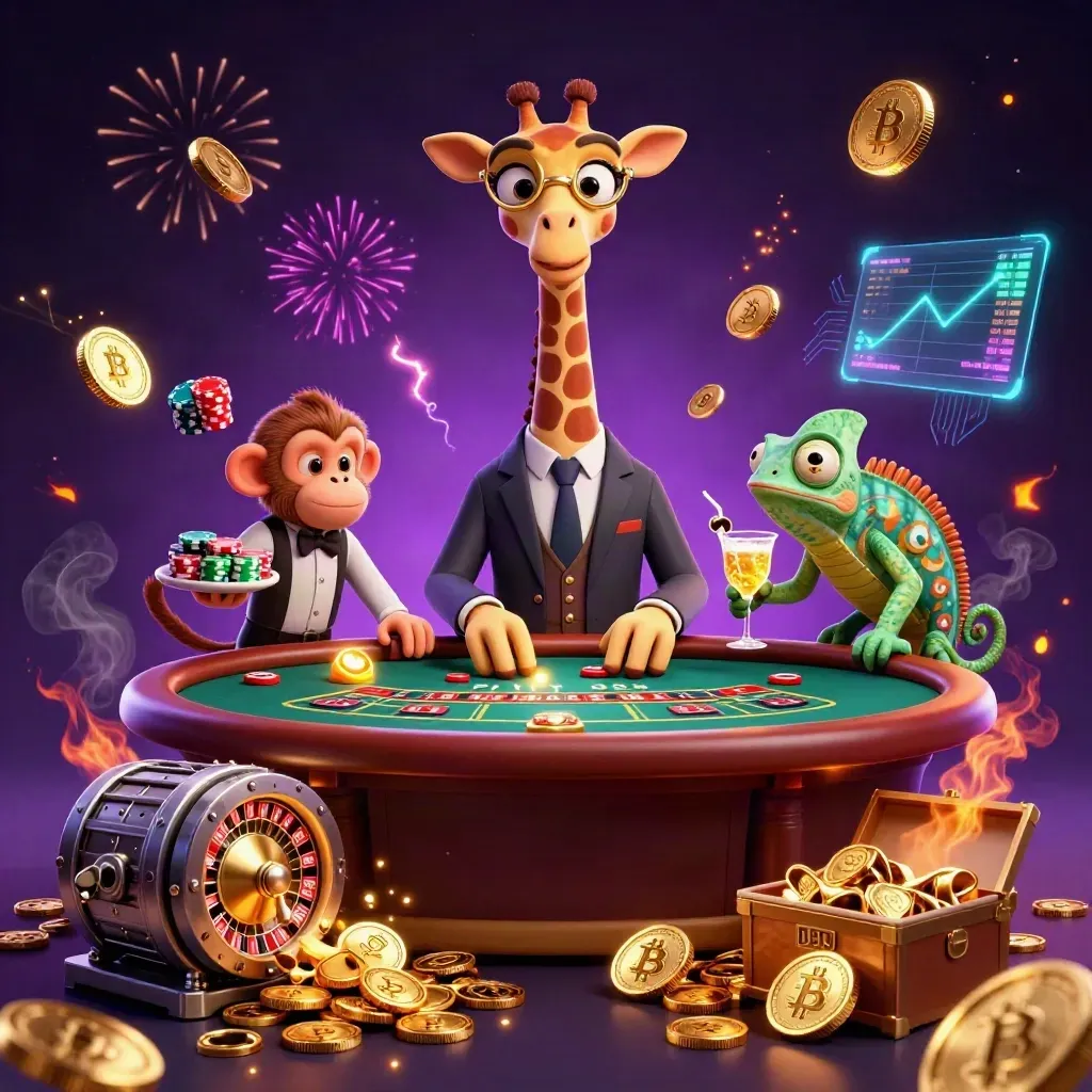 Giraffe, monkey, and chameleon at a glowing casino table amid coins, fireworks, and lightning.