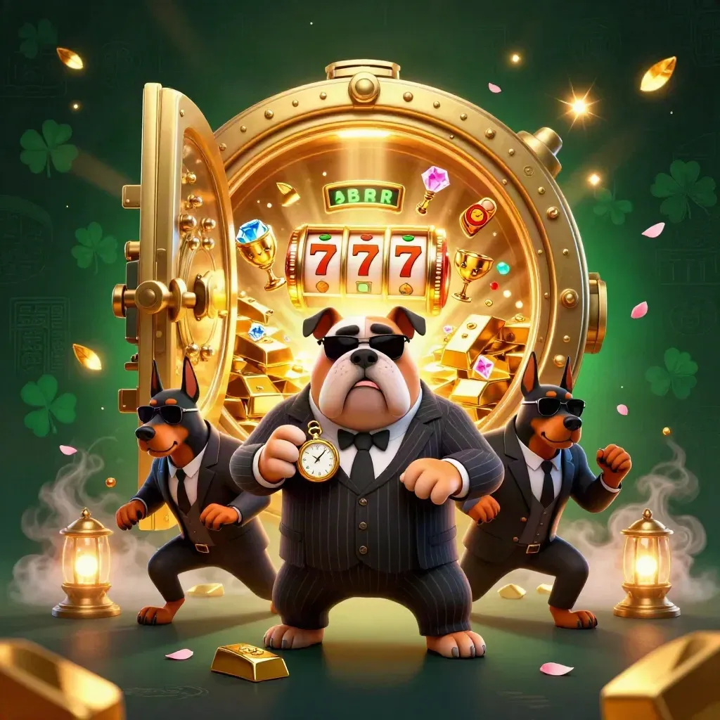 Bulldog casino boss with two Dobermans, vault gold, reels and gems in neon casino light.