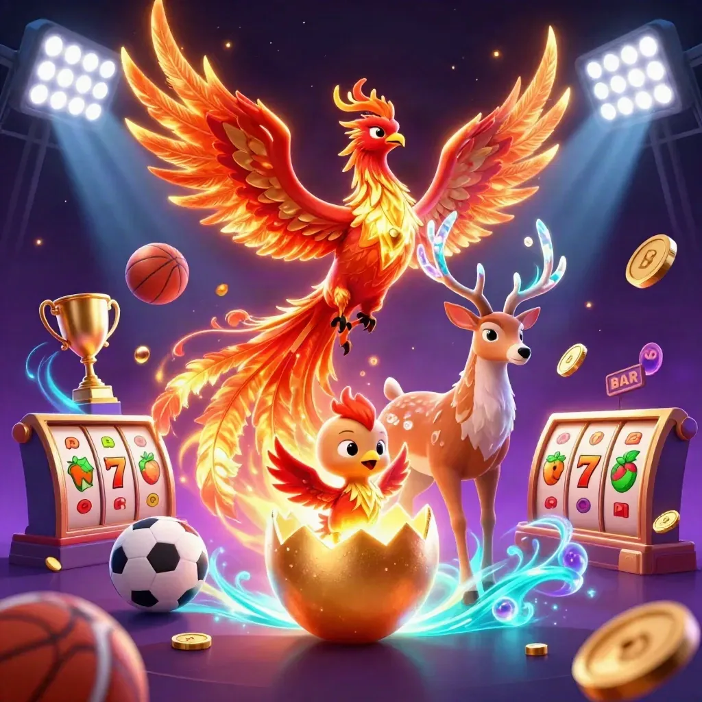 Fire phoenix, baby phoenix, and crystal-antler stag amid casino symbols on a dark magical background.